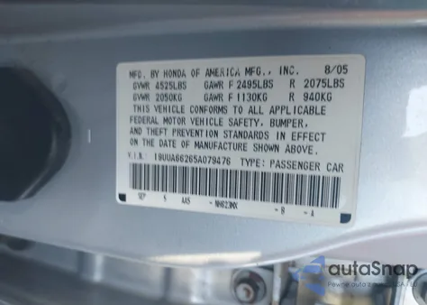 2005 Acura Tl from USA, damaged, VIN 19UUA66265A079476